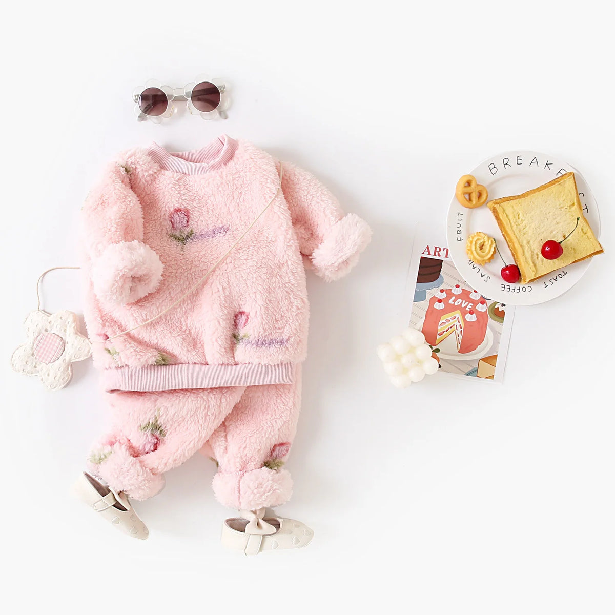 Cute Fleece Long Sleeve Little Kids Tops + Pants Thickened Baby Outfits Sets Winter Florals Clothing