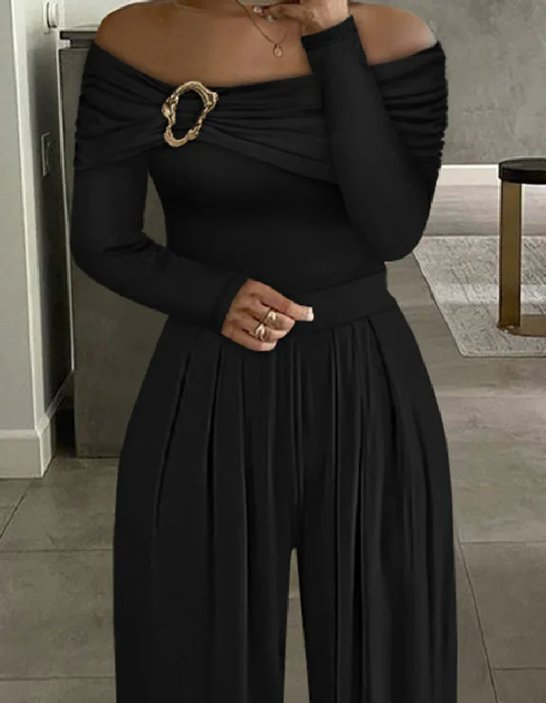 New Elegant Pure Color Off-Shoulder Long Sleeve Women's Romper Fashionable And Stylish Monochromatic Ladies' Dress
