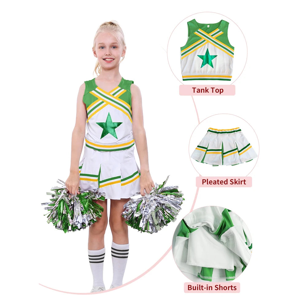 LOlanta 4Pcs Girls' Cheerleading Costumes with Socks Kids School Performance Cheerleader Outfit Halloween Fancy Dress Up 4-14Y