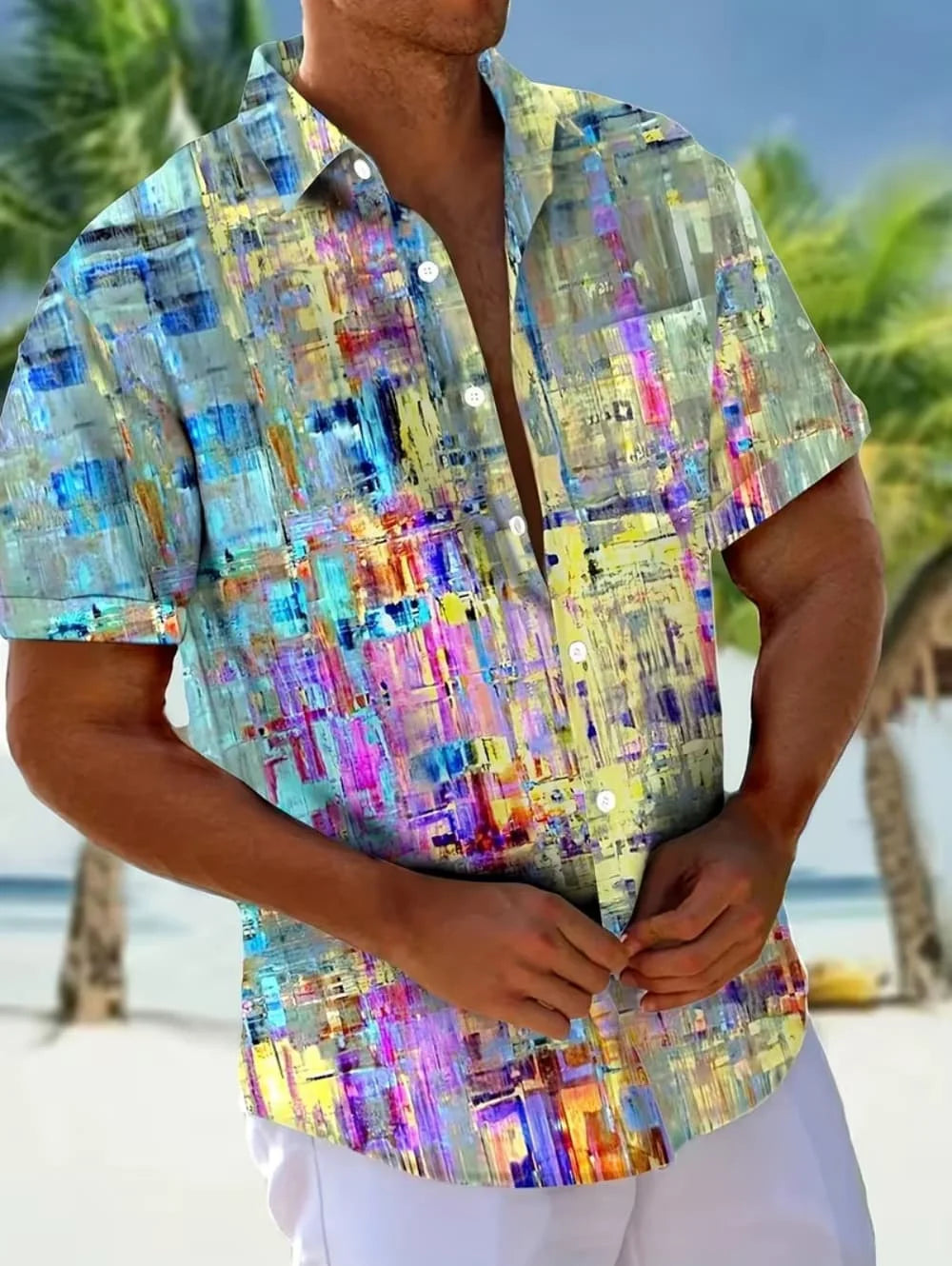 Men's Shirt Geometric Grid 3D Print Short Sleeve Shirts Summer Hawaiian Shirt Casual Outdoor Vacation Lapel Shirt Men's Clothing