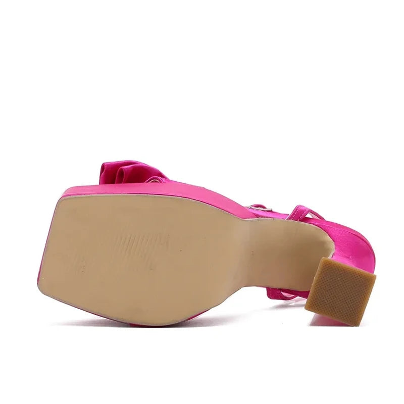 Liyke Runway Style Ultra High Heels Platform Sandals Women 2026 Summer Fashion Satin Bowknot Square Toe Wedding Banquet Shoes