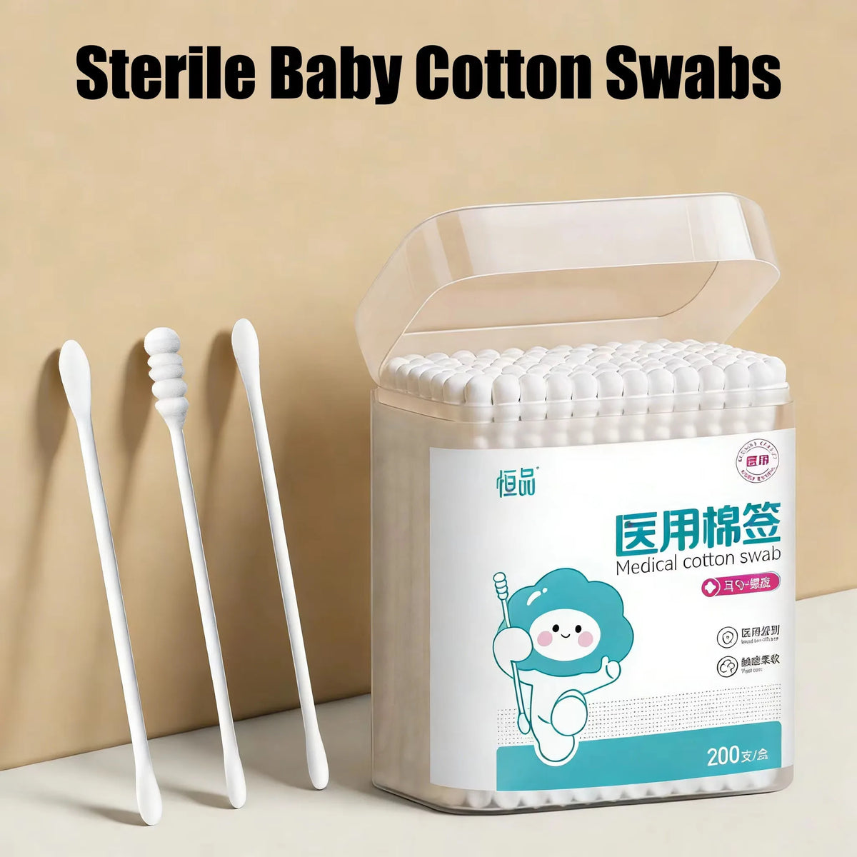 Sterile Baby Cotton Swabs Double-ended Spiral Head Multifunctional Soft Cleaning Sticks for Infant Ear Nose Cleaning Daily Care