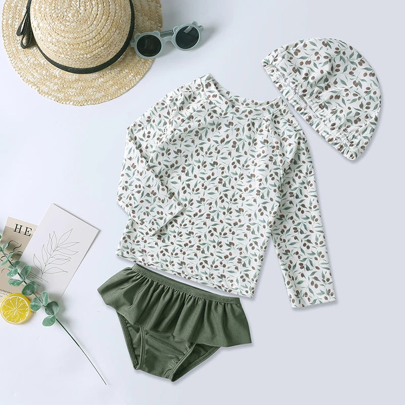 Kids Girls Swimsuit Summer Bikini Girl Swim Suit Long Sleeve Children Swimwear with Hats