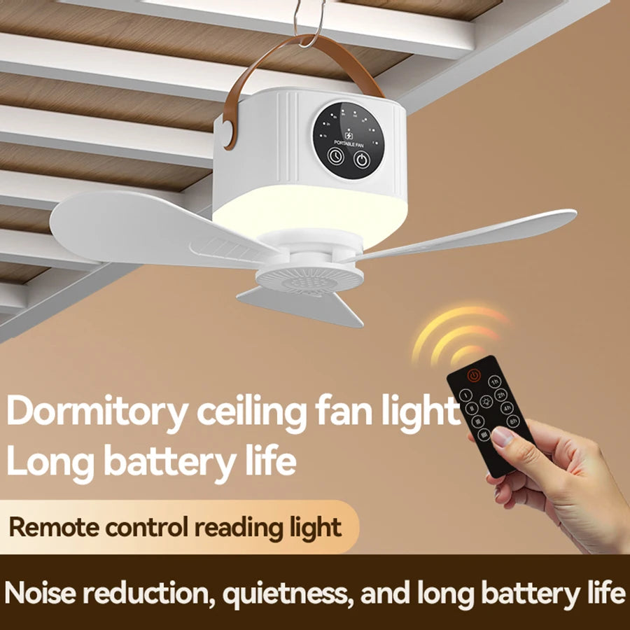 Mini Ceiling Fan, 4 Speeds, LED Screen, 3-Level Night Light, 4 Timers (1-8H), 3600mAh Battery, Remote, Quiet USB Fan for Camping