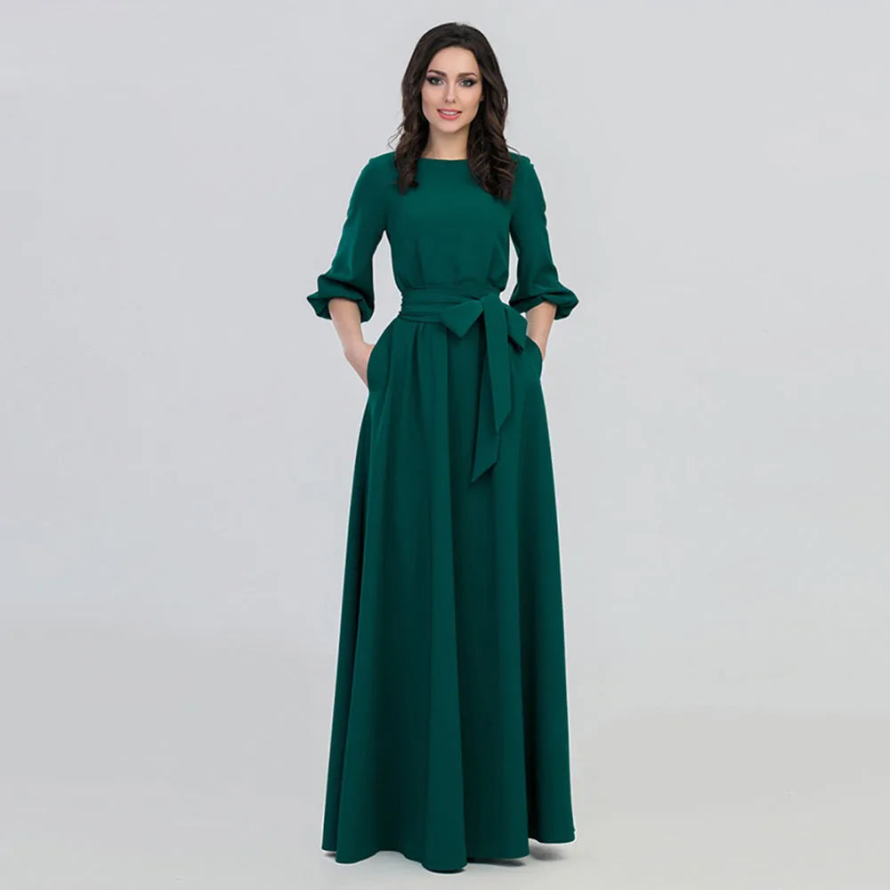 Bohemian Long Summer Dress Casual Lantern Sleeve round Neck Dress Polyester Fiber Mid Waist Print Patchwork Urban Casual Style