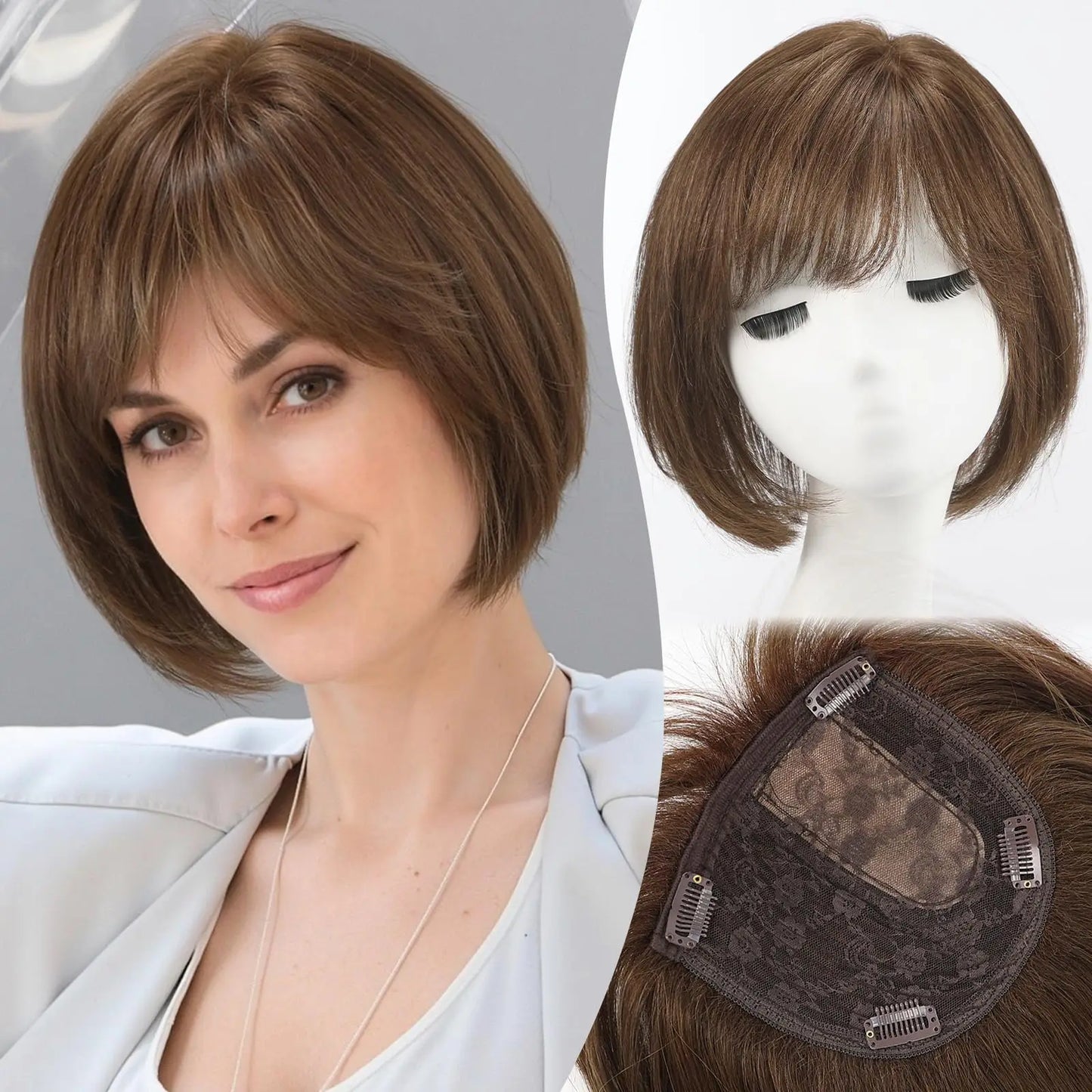 Ombre Gray Blonde Real Human Hair Toppers 6.5*6.5inch Large Base 4Clips Topper 10inch Hair Topper for Women with Bangs Side Part