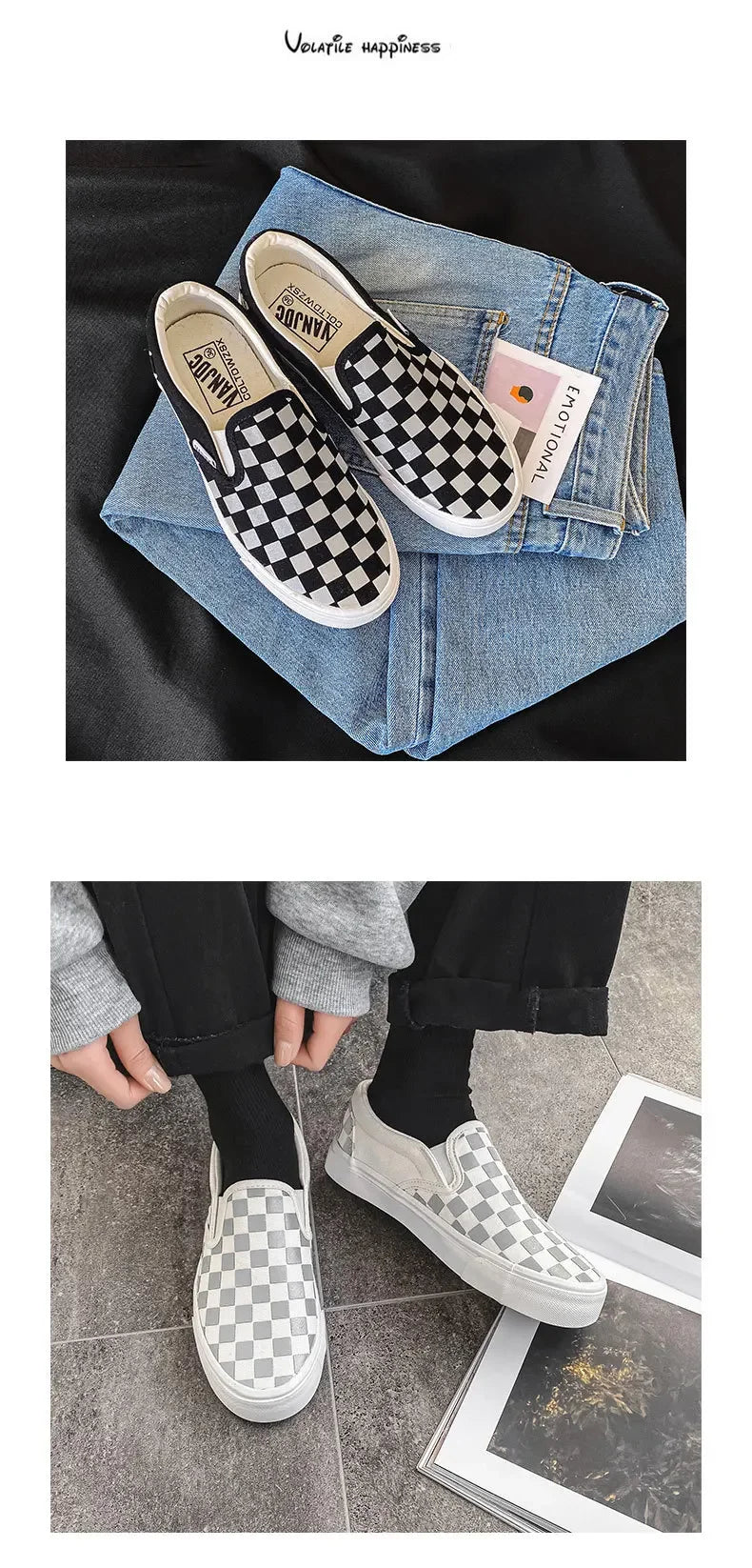 Black White Plaid Canva Women's Shoes Student Vintage Hong Kong Style Versatile Flat Shoes Korean Version Harajuku Casual