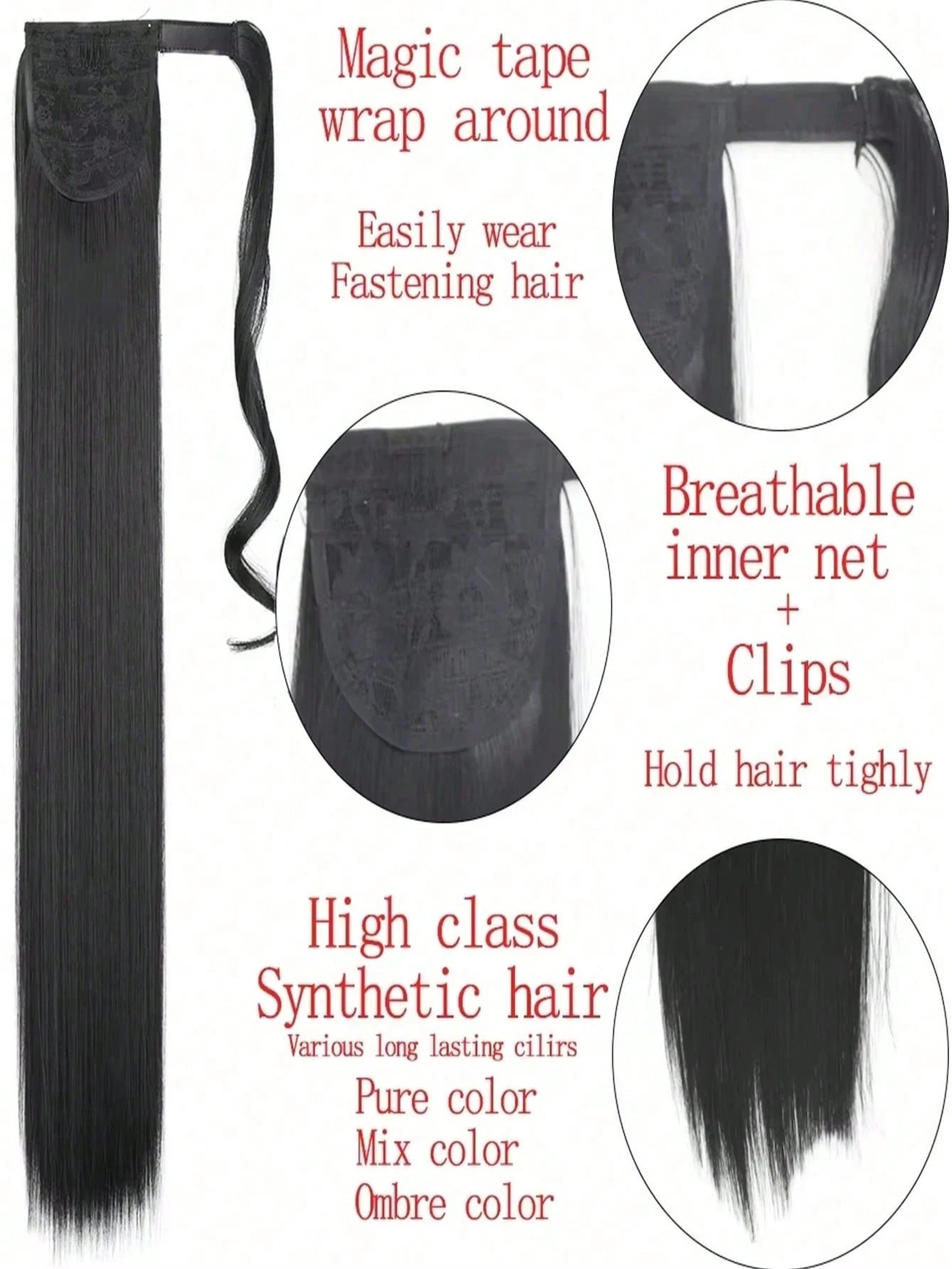 Synthetic Hair 26'' Long Straight Ponytail Wrap Around Ponytail Clip in Hair Extensions Black Hairpiece Headwear 2026