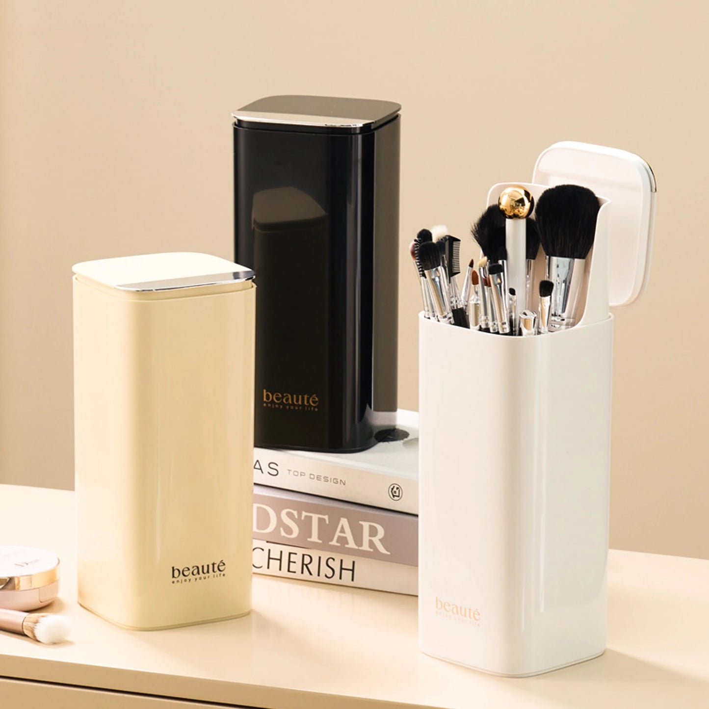 1pc Automatic Liftable Cosmetics Storage Box Desktop Dust Makeup Brush Brow Pencil Eyeliner Storage Bucket Make Up Organizer