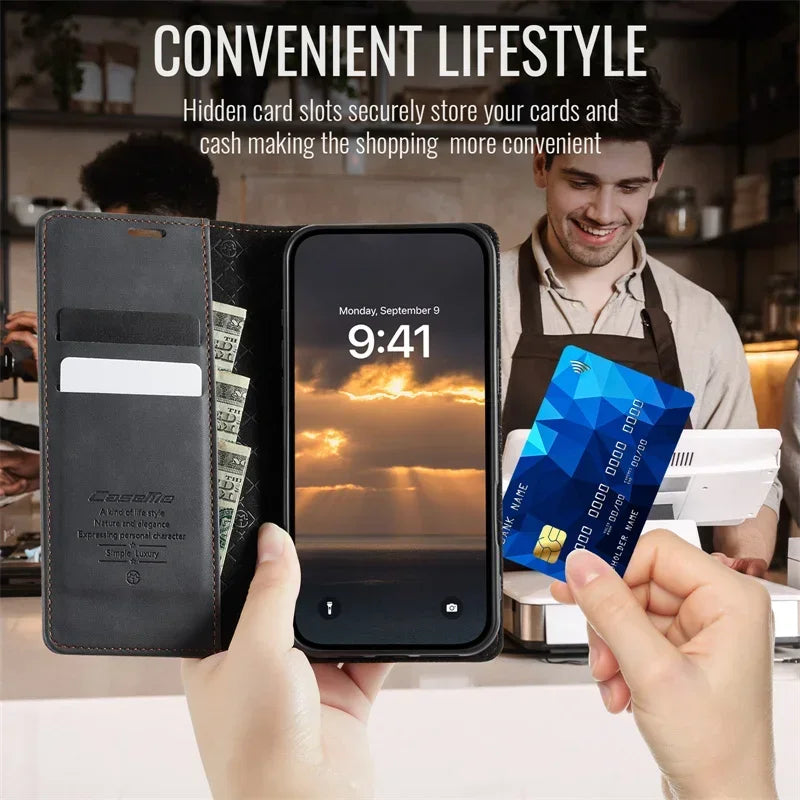 Magnetic Leather Wallet Card Phone Case For iPhone 17E 17 Air 16E 16 Pro Max 15 Plus 14 13 12 11 Flip Wireless Charging Cover