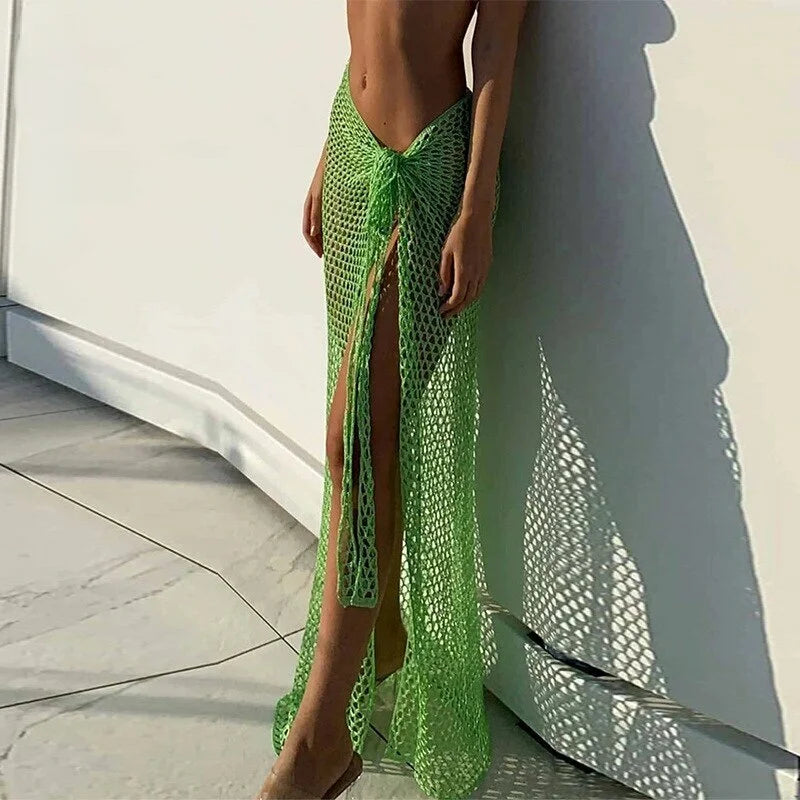 New Arrival Women Knitting Crochet Hollow Out Cover Up Solid Color Beach Dress Sexy Wrap Skirt Binding Rope Beach Wear Sarong