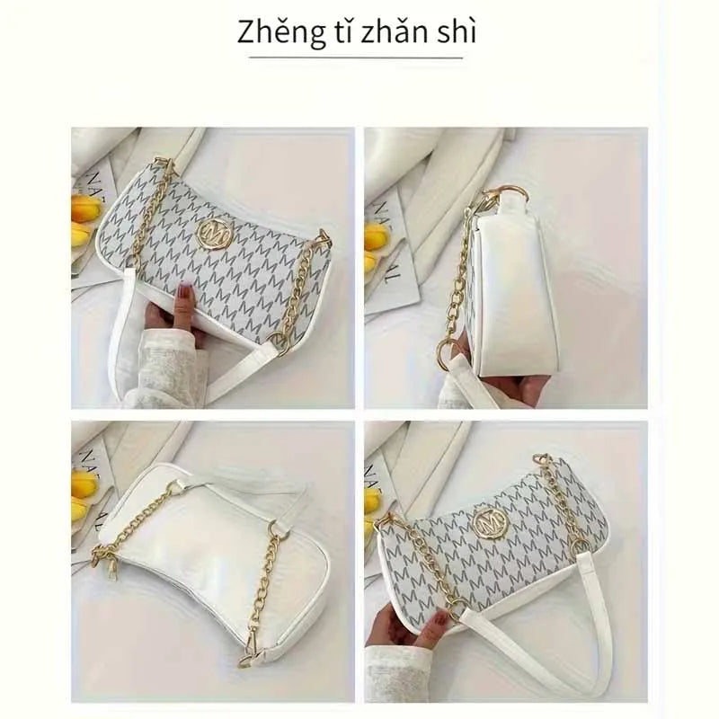 Fashion Ladies Geometric Print Chain Underarm Bag Metal Logo Decor Lightweight Shoulder Crossbody Handbag for Daily Use