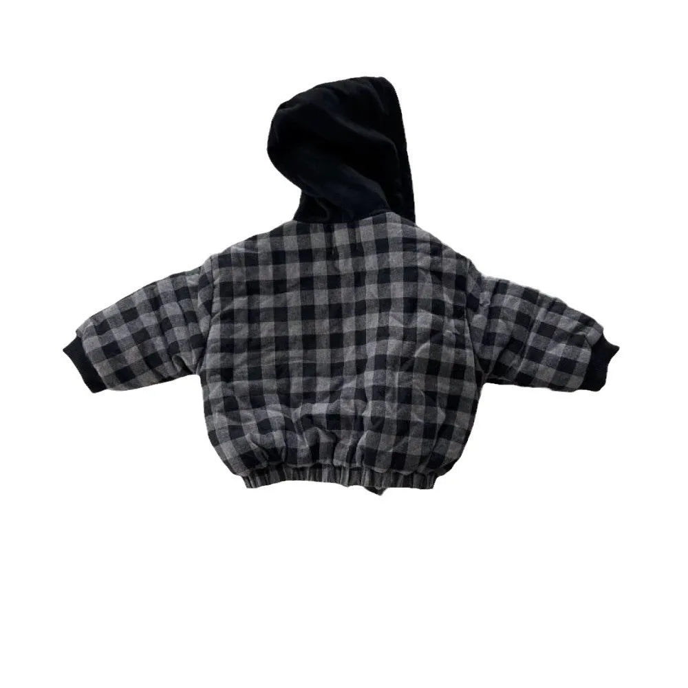 2025 Winter New Baby Warm Plaid Coat Kids Boys Girls Hooded Cotton Padded Jacket Kids Vintage Windproof Tops Children Clothes