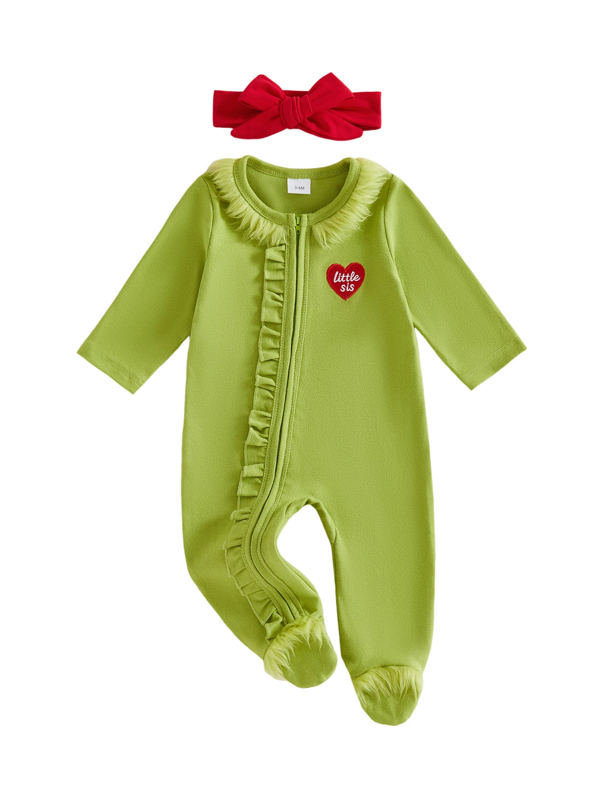 Baby Girls Christmas Ruffles Zipper Romper Green Plush Trim Jumpsuits and Headband Winter Baby Playsuits Clothes