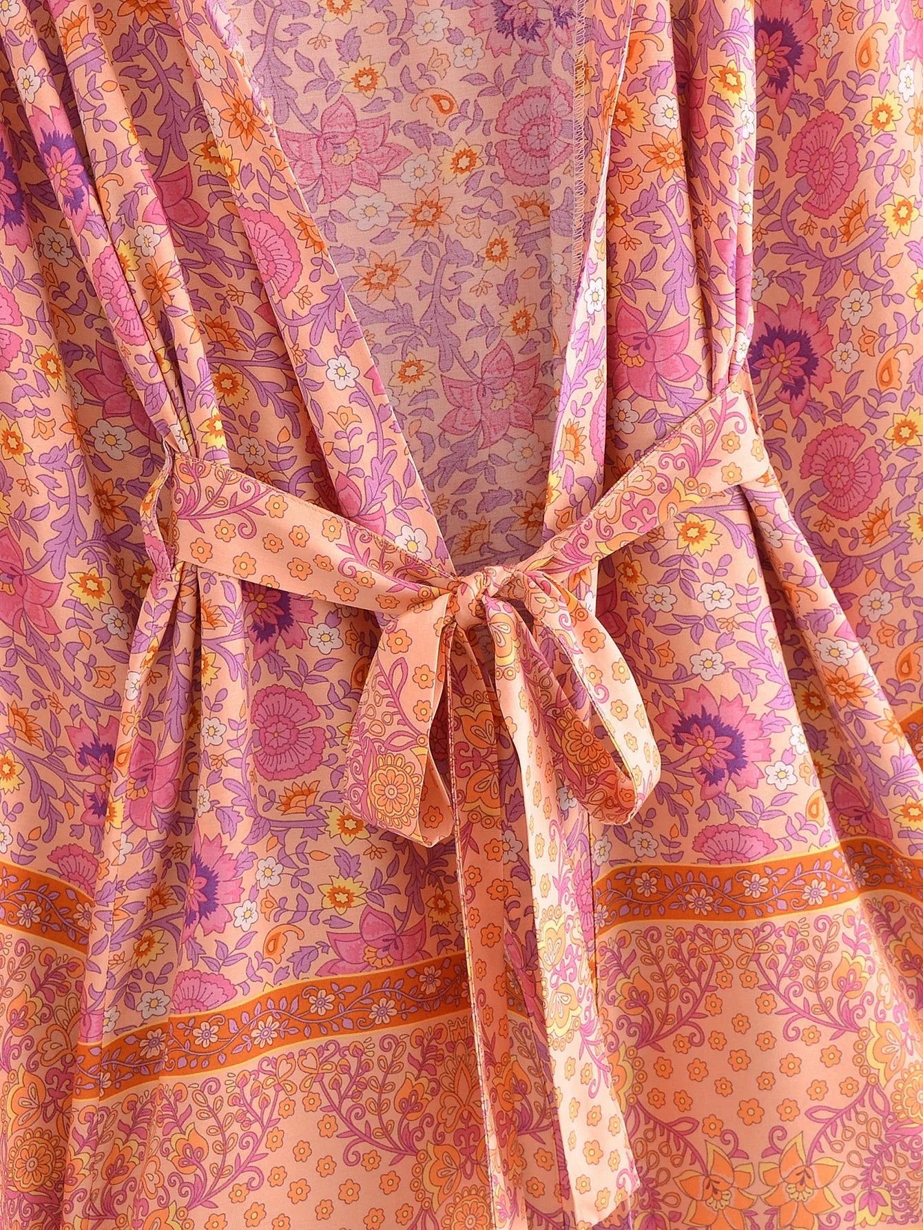 BOHO Women Blue With Pink Flower Print Kimono Shirt Holiday Tide Bow Sashes Mid Long Cardigan Summer Blouse Beach Cape