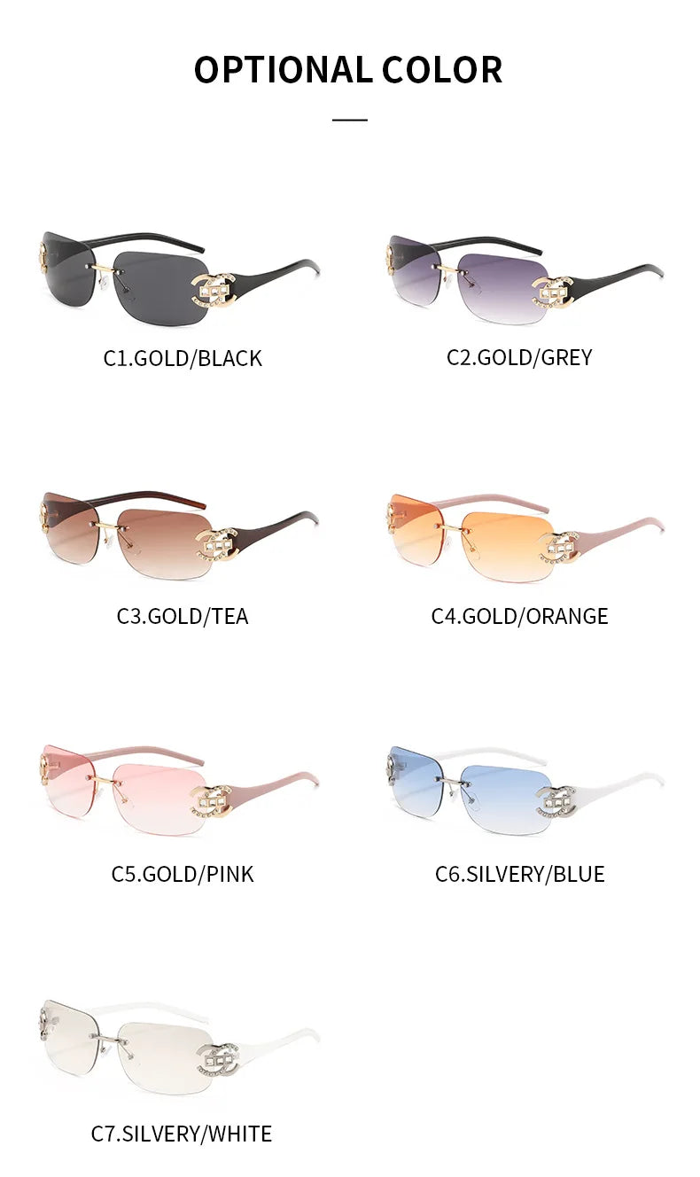 Sexy Popular Ins Rimless Square Sunglasses for Women Luxury Brand Design Diamond Punk Sun Glasses Cute Pink Shades Girls Eyewear