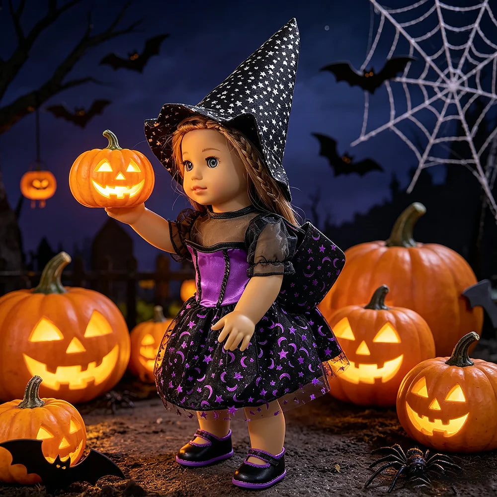 Halloween Doll Costume Outfit Suitable for 18 Inch Dolls. Doll Holiday Costume Set with Three Pieces and Doll Accessories