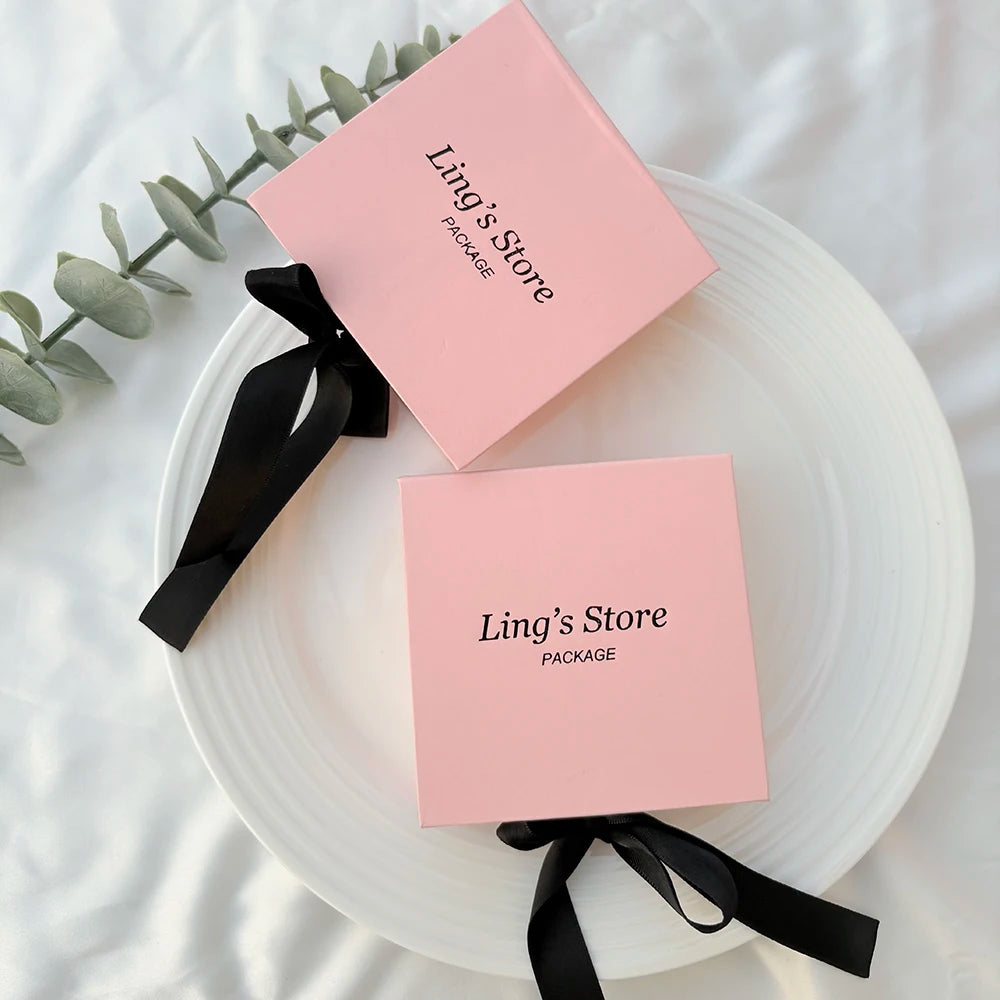 50pcs Pink Personalized Logo Jewelry Flap Bowknot Box Earrings Ring Perfume Watch USB Keychain Organizer Velvet Bag Storage Sack