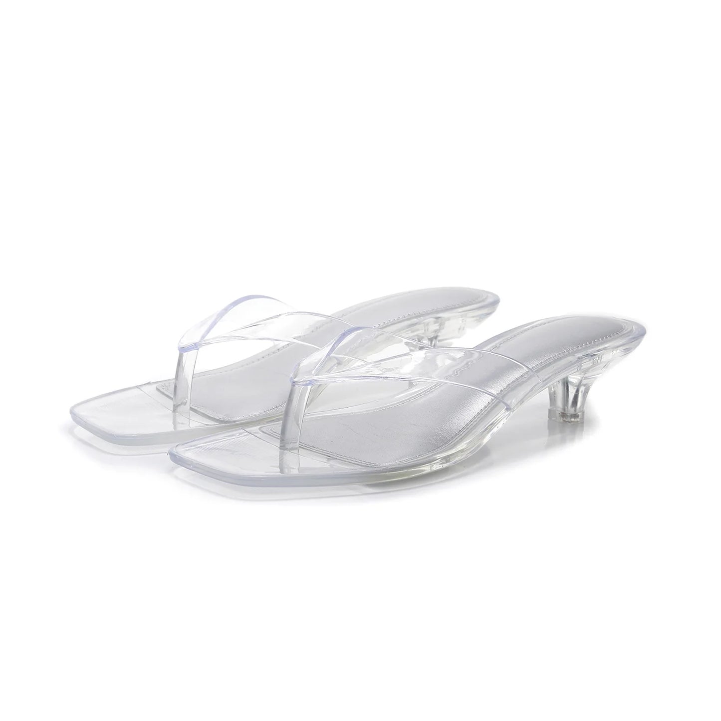 Vacation Elegant Kitten Heel Thong Sandals, Square Toe Clear Brown Jelly Flip Flops, Women Summer Comfortable Beach Party Shoes