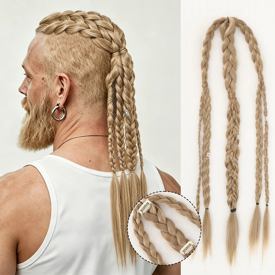 Long Braided Ponytail Extension Synthetic Twist Box Braids Pony Tail Hairpieces with Hair Ring Elastic Tie for Men Daily Party