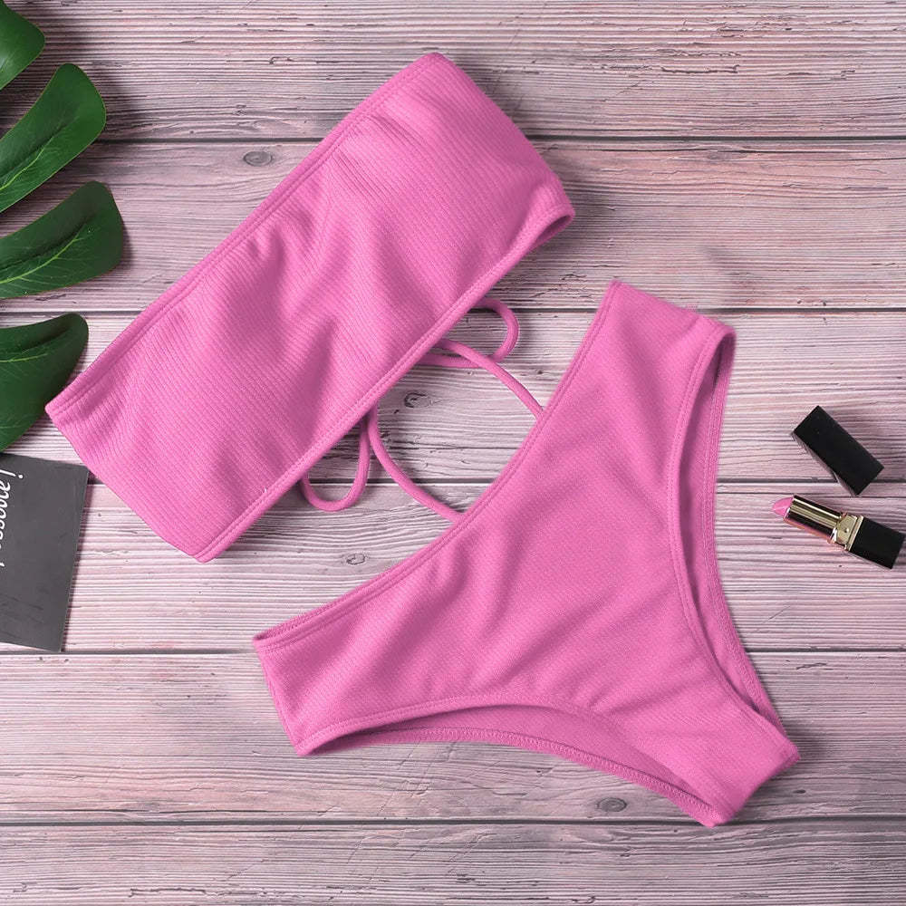 Solid Color Strapless Bikini Set Backless Sexy Swimsuit High Waist Adjustable Women Swimwear Summer