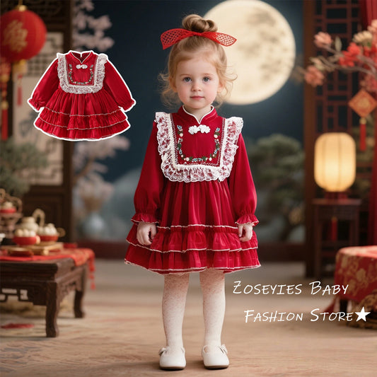 Girls' Dress Spring And Autumn Solid Color Flower Long Sleeved Baby Girl Dress Chinese Style One Year Old Baby Dress Baby Girl C