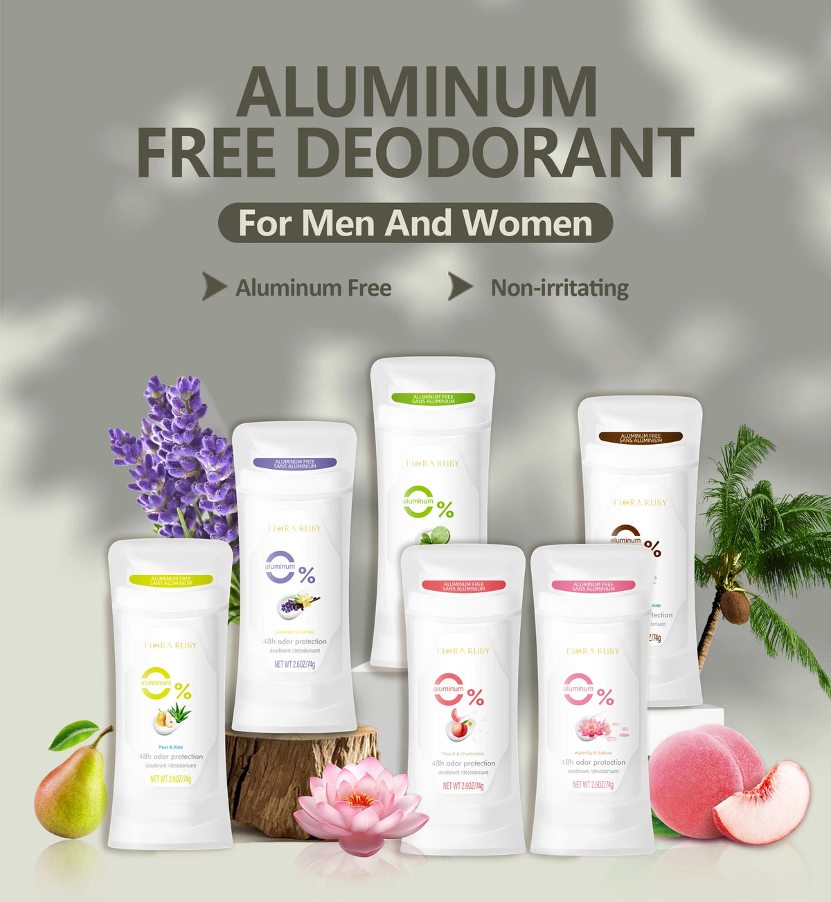 2PCS/Set Body Odor Remover，Deodorant stick，Aluminum Free，48H Natural Flower Scent Deodorize, Long Lasting and Refreshing Dryness