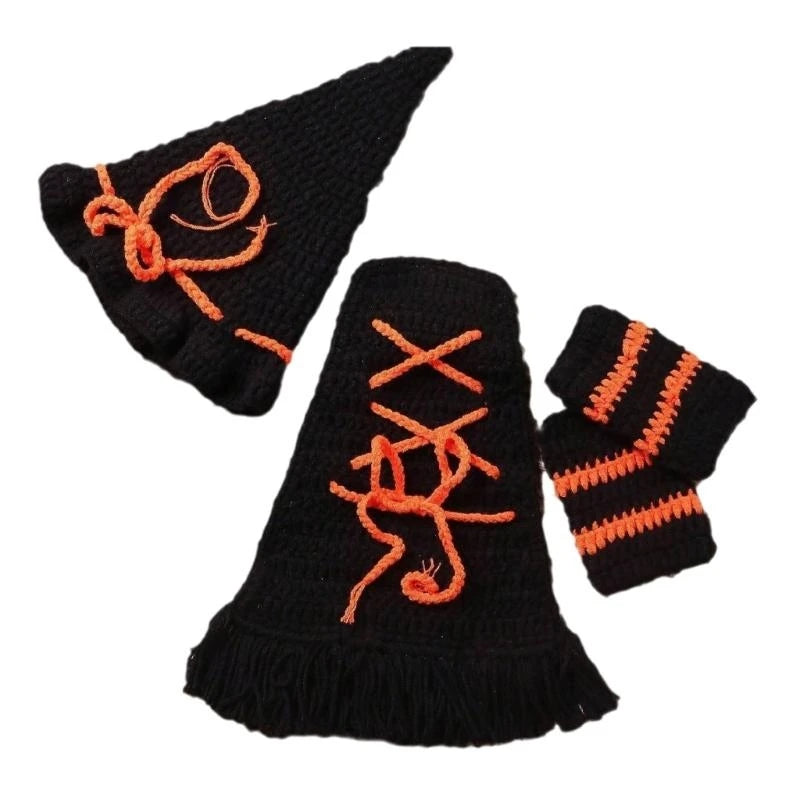 U13F Newborn Witch Costume for Halloween Celebration Knitting Baby Photo Props Outfit for Family Gathering Photography Suit