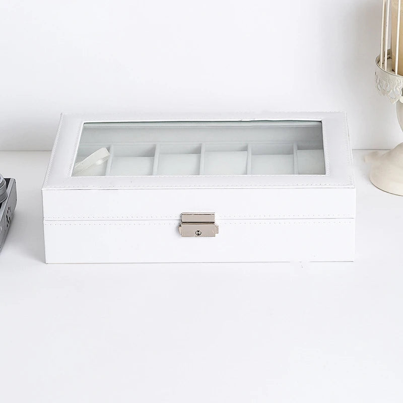 Wood Professional Watch Box Holder Storage Case Organizer White Simple PU Leather Watch Display Box Jewelry Packaging & Display