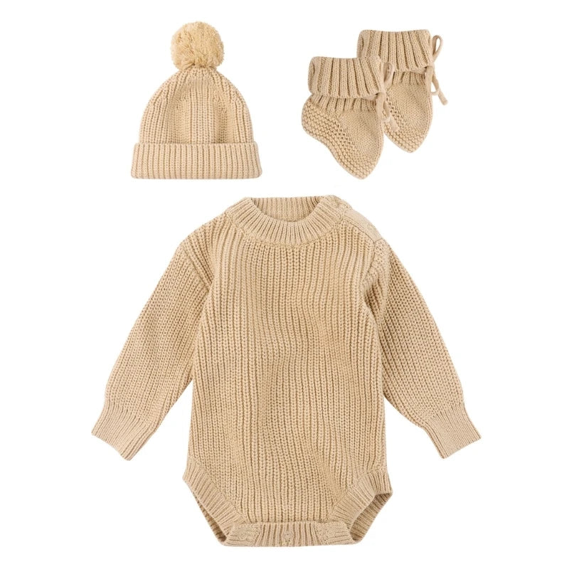 Cosy Infant Knitwear Soft & Comfortable Baby Jumpsuit Set with Matching Bonnet Hat and Booties Socks for Daily Comfort