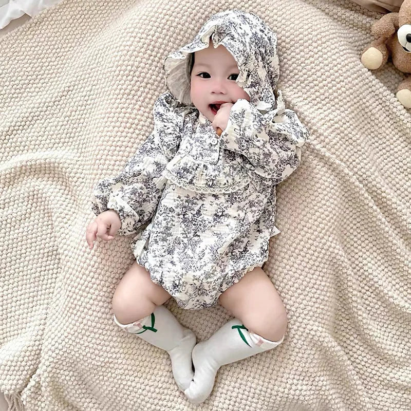 Newborn Romper Chinese Style Ink Painting Newborn Baby Girl Bodysuits +Hat Cotton Girls Jumpsuits Infants Onesie Outfits Clothes