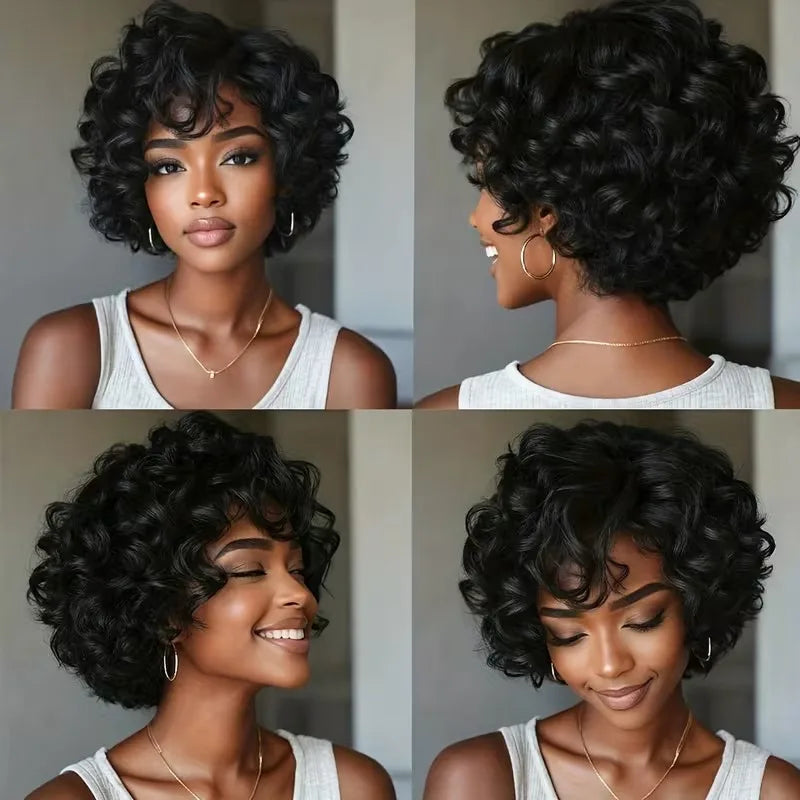 10Inch Curly Bob Pixie Wigs Human Hair 100% Natural Realistic Tangle Free Full Machine Made For Women Black Wig With Bangs