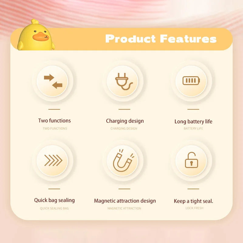 New Cute Duck Handheld Vacuum Sealer Magnetic Bag Sealer Rechargeable Portable Easy Use For Freshness 2 in 1 Mini Rechargeable