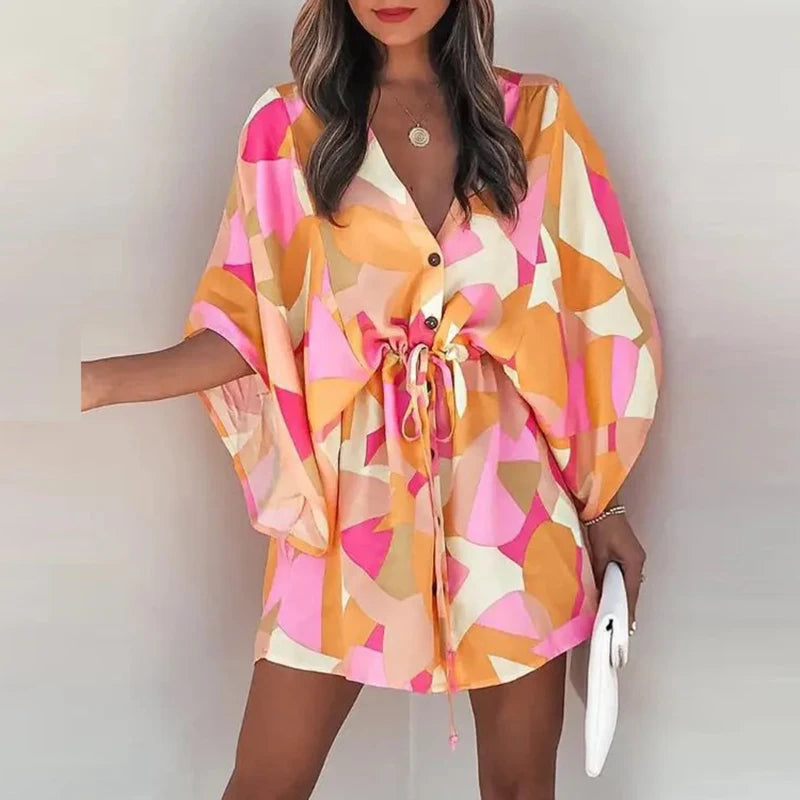 Women Casual Loose Dress Beach Boho Dress Fashion Vintage Print V Neck Drawstring Mini Dress Summer Dresses Robe Femme 2022