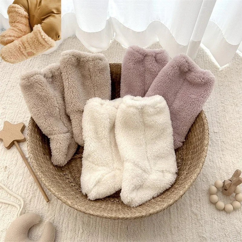 Winter New Baby Fleece Padded Socks Warm Thicken Toddler Girls Floor Socks Cartoon Embroidery Infant Sock Sleeves