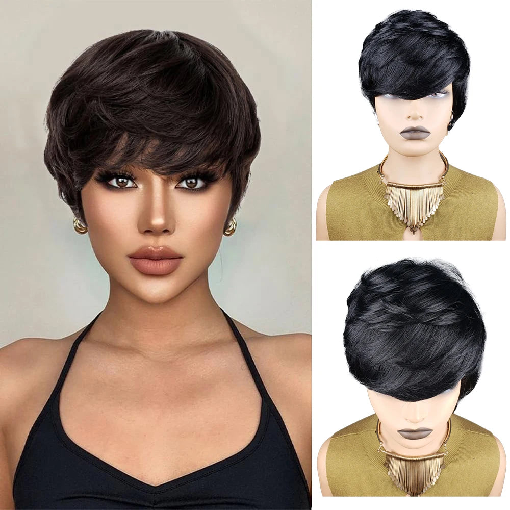 Pixie Cut Straight Black Human Hair Short Bob Wig Cheap Remy Human Hair For Black Women Full Machine Made Wig For Daily Use