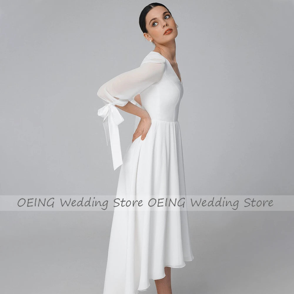 Ivory Wedding Dress Asymmetrical V Neck A Line Midi Wedding Gown for Women 2023 Bride 3/4 Sleeves High Low Simple Bridal Dress