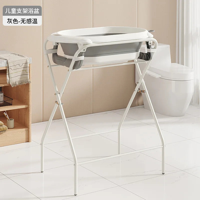 Foldable Baby Bathtub with Stand Set Newborn Bath Station No Bend Heightened Rack Infant Bath Tub with Drying Clothes Stand