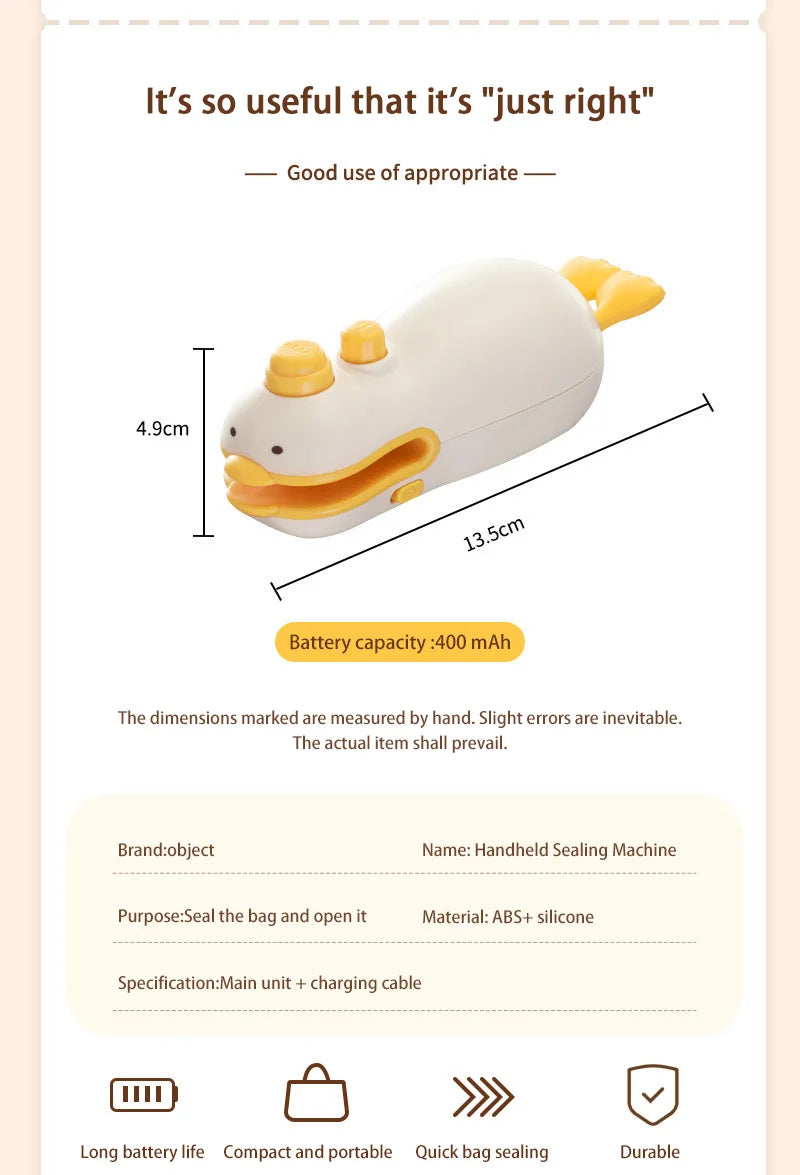 New Cute Duck Handheld Vacuum Sealer Magnetic Bag Sealer Rechargeable Portable Easy Use For Freshness 2 in 1 Mini Rechargeable