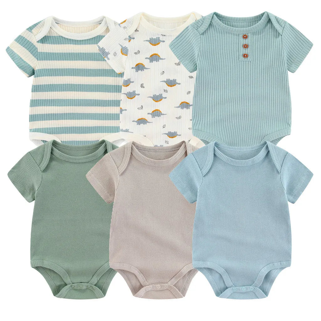 Newborn Ribbed Bodysuits Set 6PCS Cotton Baby Girl Clothes Animal Print Baby Boy clothes Solid Color Short Sleeve