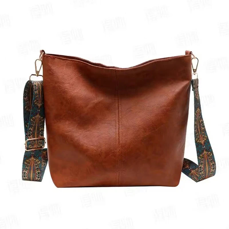 Fashion Minimalist Retro Leather Shoulder Tote, Trendy Printed Strap Design for Street Style and Weekend Outings