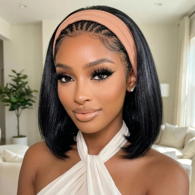 230 Density Headband Wigs Human Hair Straight Short Bob Glueless Wigs Human Hair Easy Put On And Go Bob Wig 8-16 Inch For Women