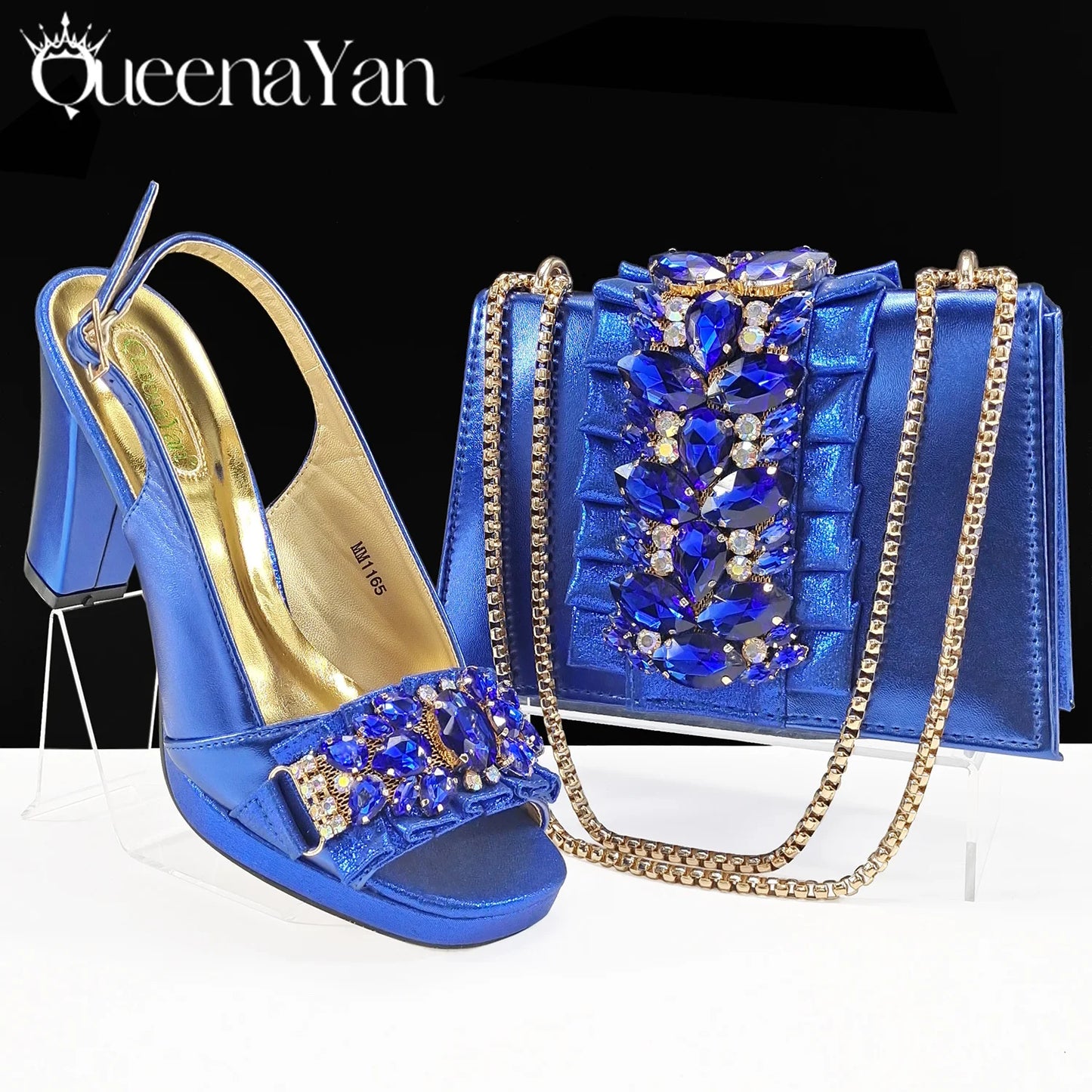 Queena Yan Spot goods Elegant Women Heels Shoes and Bag Set Decoration Rhinestones Women High Heels Shoes OL Bag And Shies