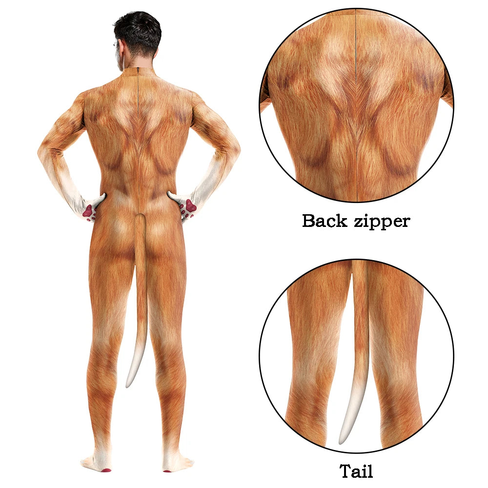 Halloween Cosplay Costume Male Adult Full Cover Elastic Zentai Pet Suit Jumpsuit Print Catsuit Bodysuits with Tail Purim Clothes