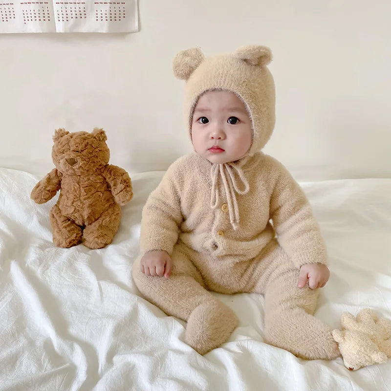 Baby Outfit Newborn Photography Props Mohair Knitted Bear Rompers Footed Jumpsuit Hat 2pcs/Sets Photography Clothing Accessories