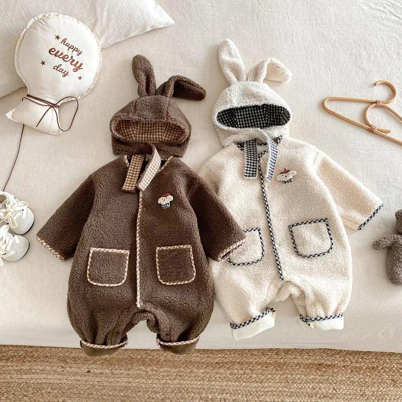 New Autumn Winter Baby Girl Boy Romper with Bunny Hat Cute Pocket Design Warm Infant Long Sleeve One-Piece Jumpsuit B5066