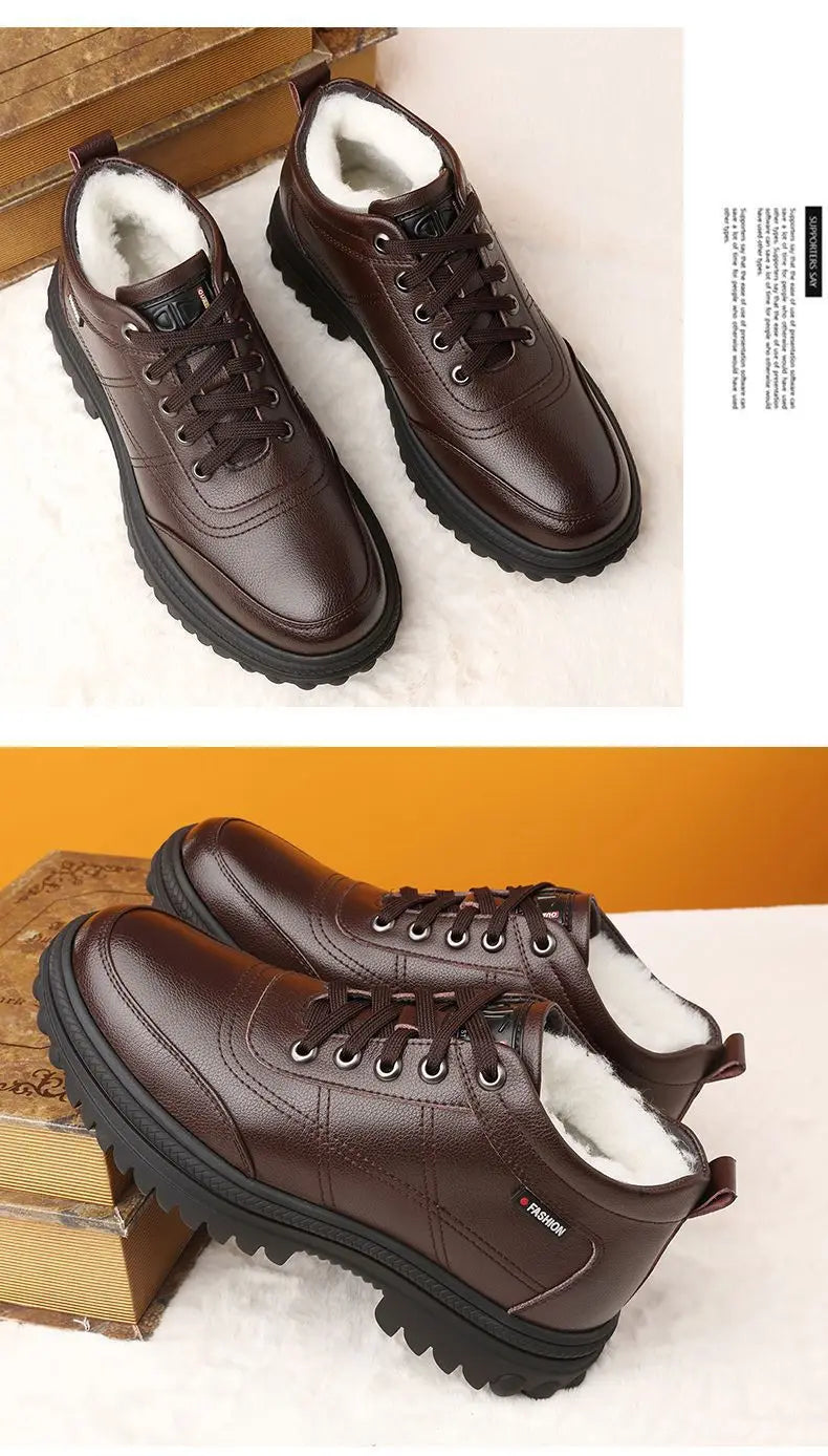 Men's Winter Thickened Warmth Casual Shoes Fleece Lined Business Style Leather Shoes Low Top Lace up Comfortable Alligator Pa...