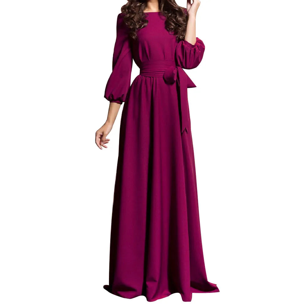 Bohemian Long Summer Dress Casual Lantern Sleeve round Neck Dress Polyester Fiber Mid Waist Print Patchwork Urban Casual Style