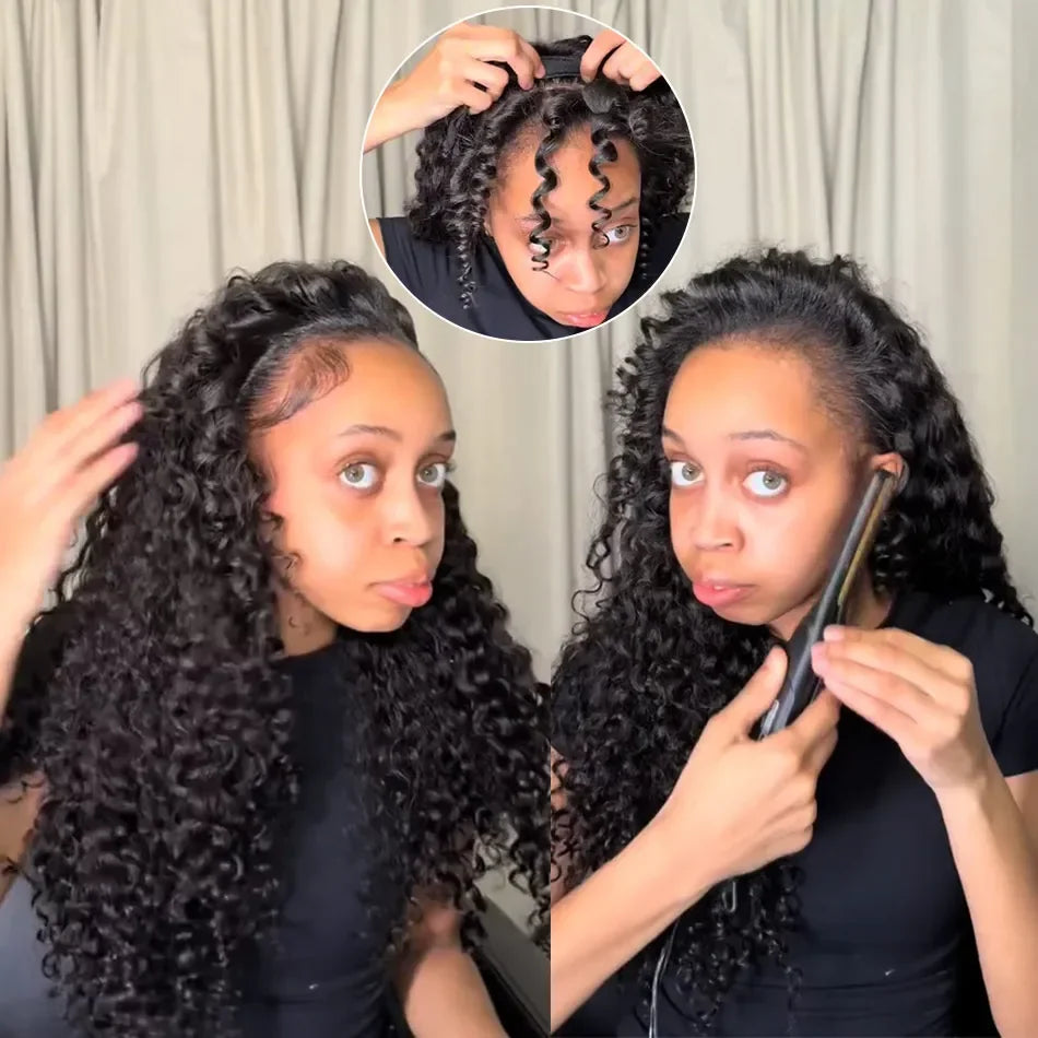 Deep Wave 3 In 1 Half Wig 100% Human Hair Glueless Curly Wigs Ready to Wear Seamless Flip Over Half Wig With Drawstring Clip Ins