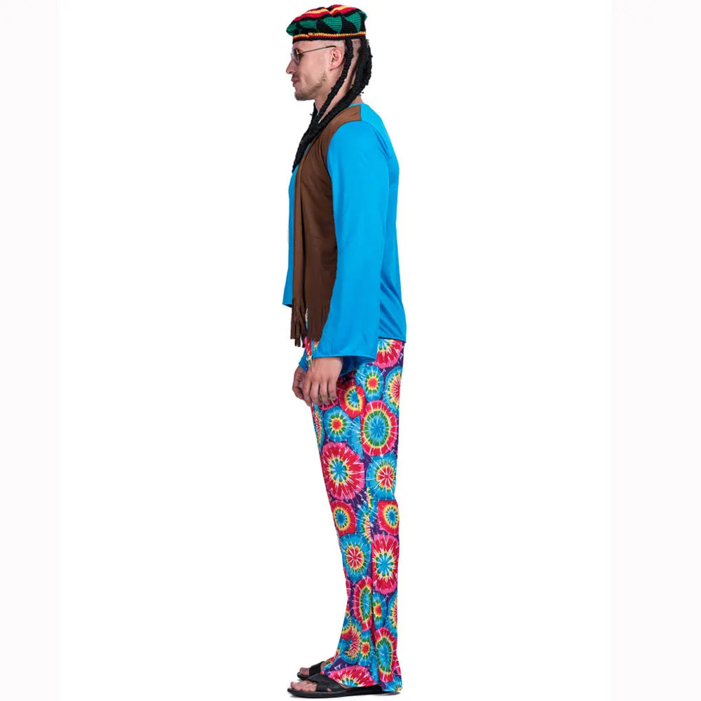Halloween Hippie Costume Men 60s 70s Hippie Set Pants Shirt Fringe Vest Glass Frame Necklace Rasta Hat Dreadlocks